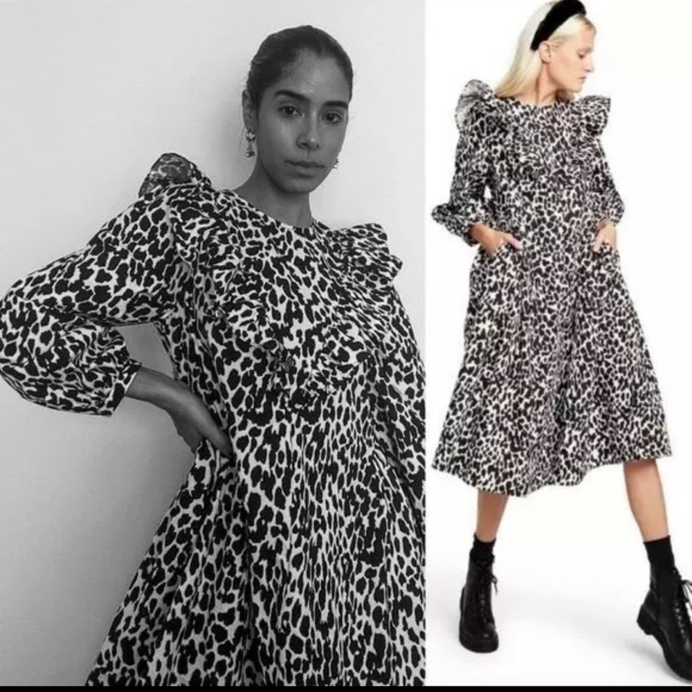 Sandy Liang Leopard Print Long Ruffle Sleeve Midi pocket Dress Size XXS